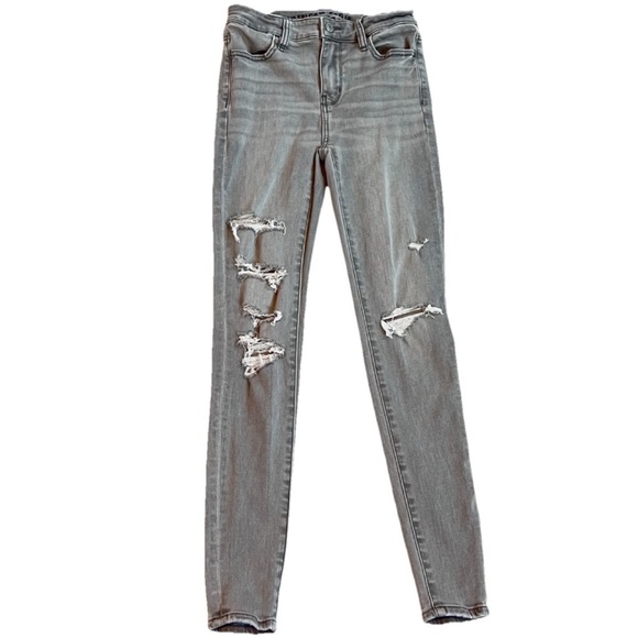 American Eagle Next Level Stretch High Rise Light Gray Denim Distressed Jeans 0 - Picture 1 of 7
